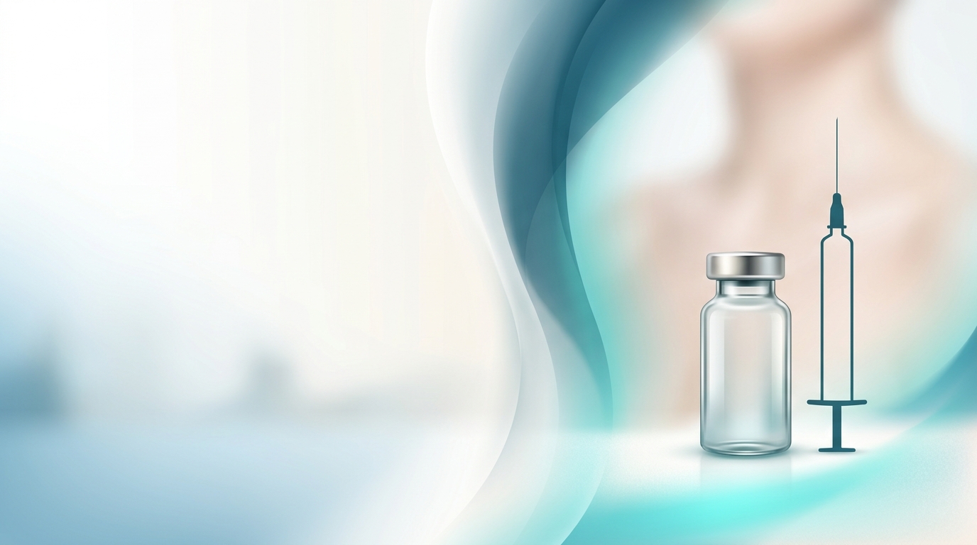 Minimalistische Illustration einer Spritze und eines Glasfläschchens vor weich fokussierter Hauttextur