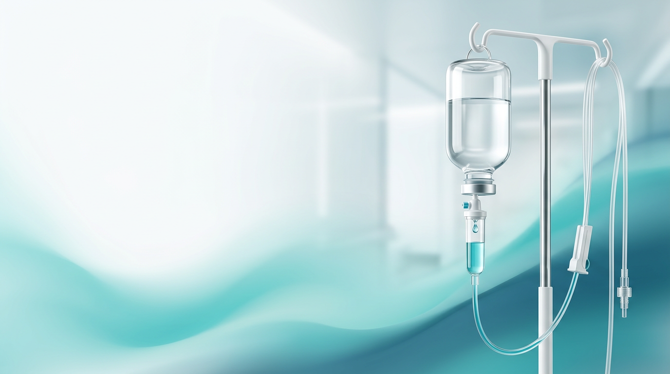 Infusionsflasche mit einem fallenden Tropfen vor klarem Türkis-Hintergrund
